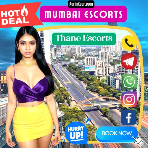 Banner image of Mumbai Escorts Services in Thane Location. Posing in the image a Aari Kaur Escorts Girl, in background Thane Busy Stereet location. Icon Display Hot Deals, Hurry Up!, Book appointment a Than Escorts Girl via Call, whatsapp, telegram, Instagram or facebook.